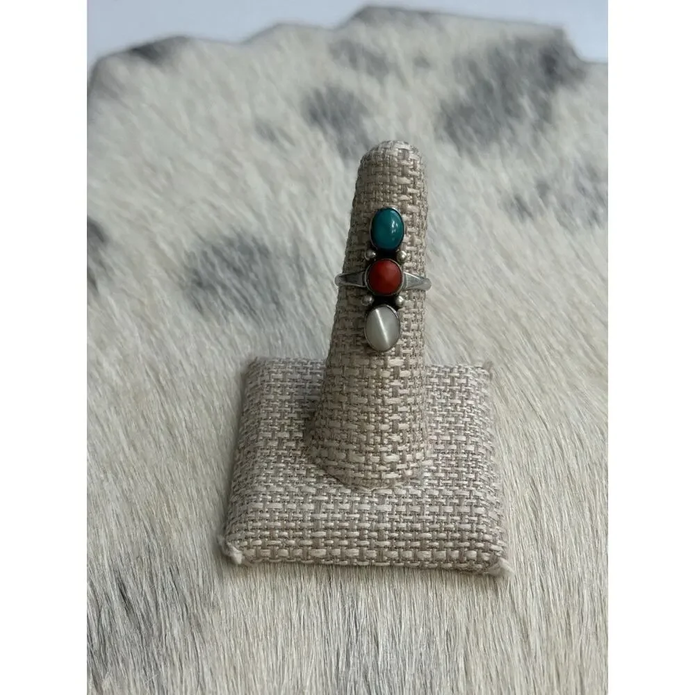 Native Sterling Silver Mother Pearl Red Coral Blue Turquoise Ring M. Chee 6.5